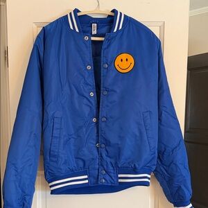 Blue Varsity Jacket with Smiley Patch